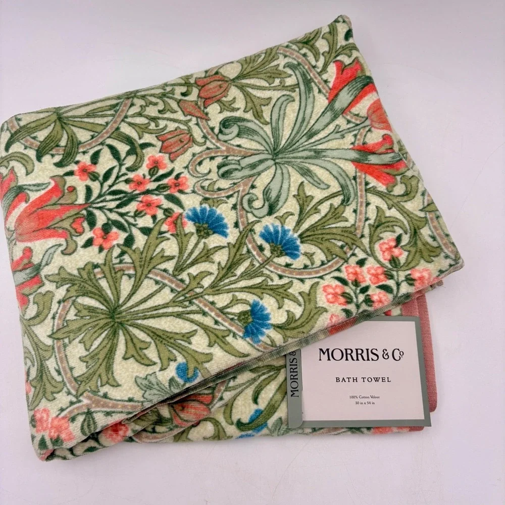 Morris & Co Cotton Velour Bath Towel Floral Botanical Green Coral 30x54 RN119737